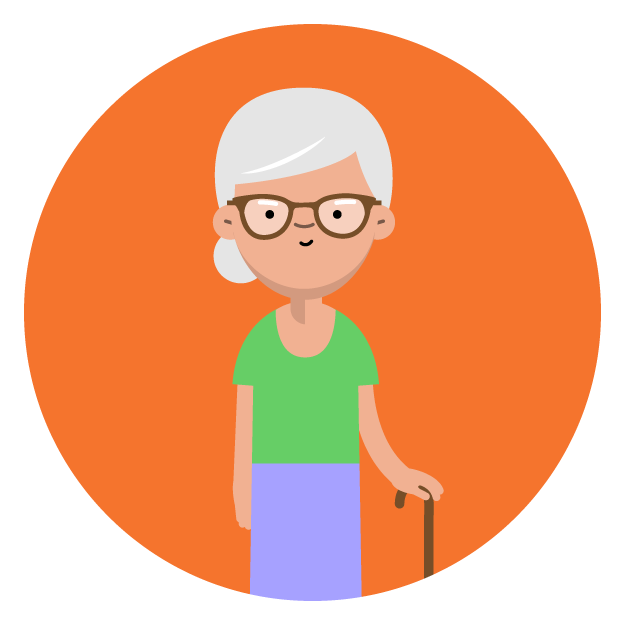 Elderly person with walking stick.