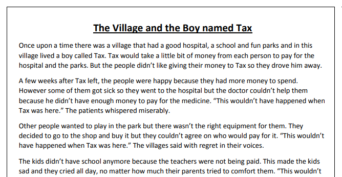 Village and the Boy Named Tax Story